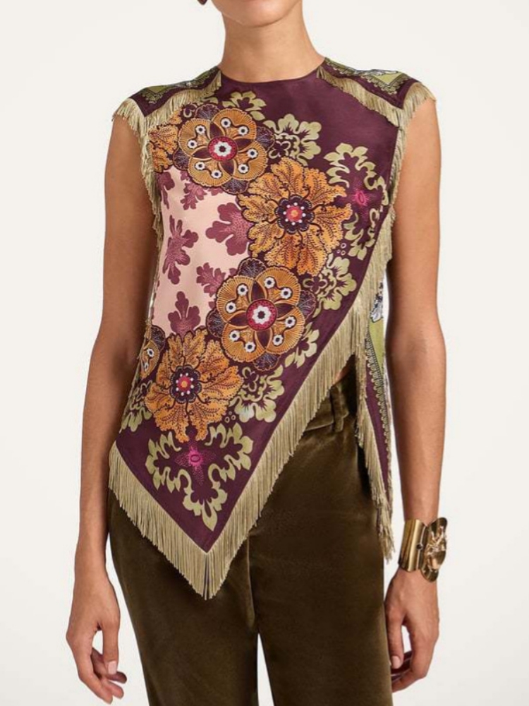 Tassel Fringe Trim - Vintage Women Floral Print Satin Tank
