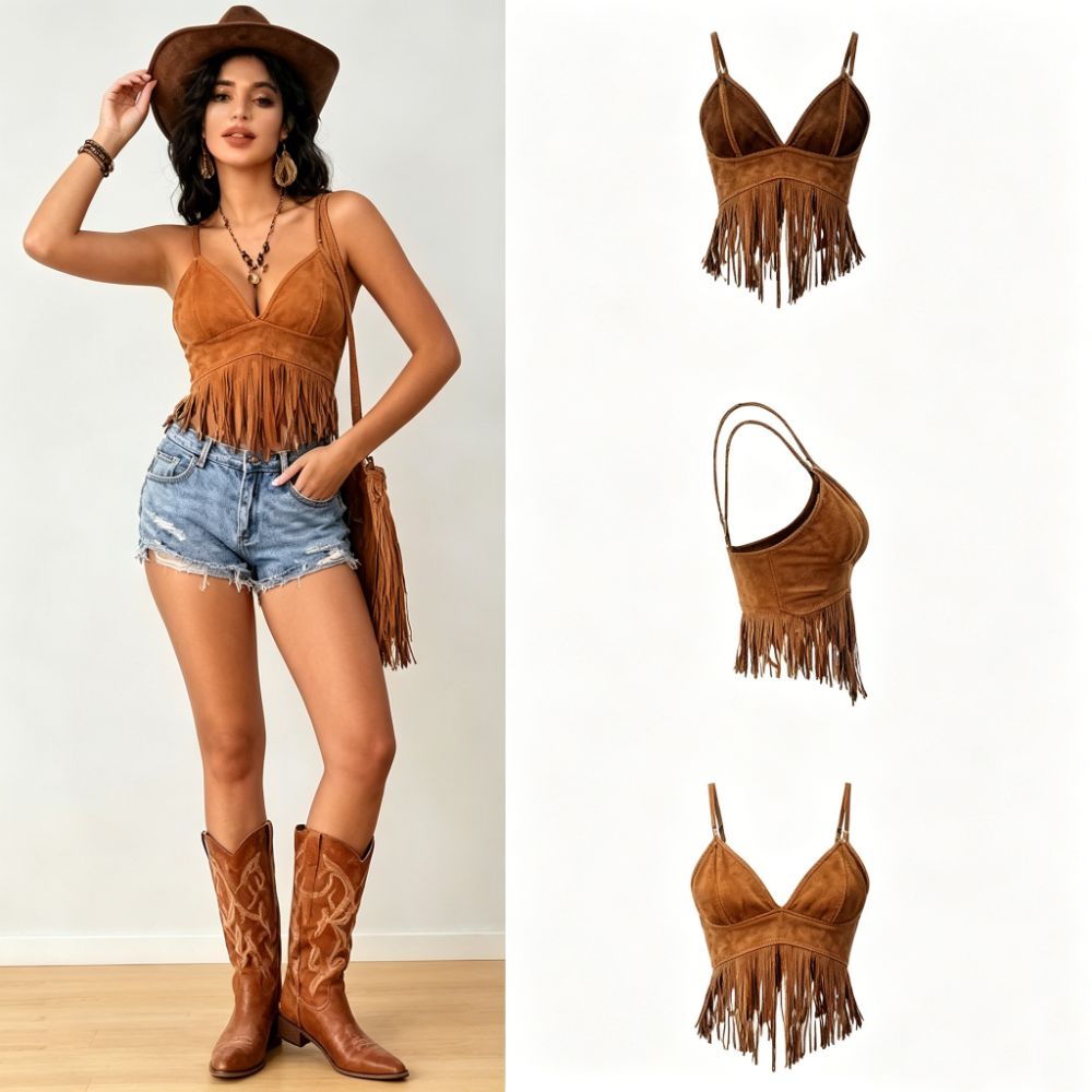 Vintage Faux Suede Women Crop  - Tassel Fringe Trim recension och pris